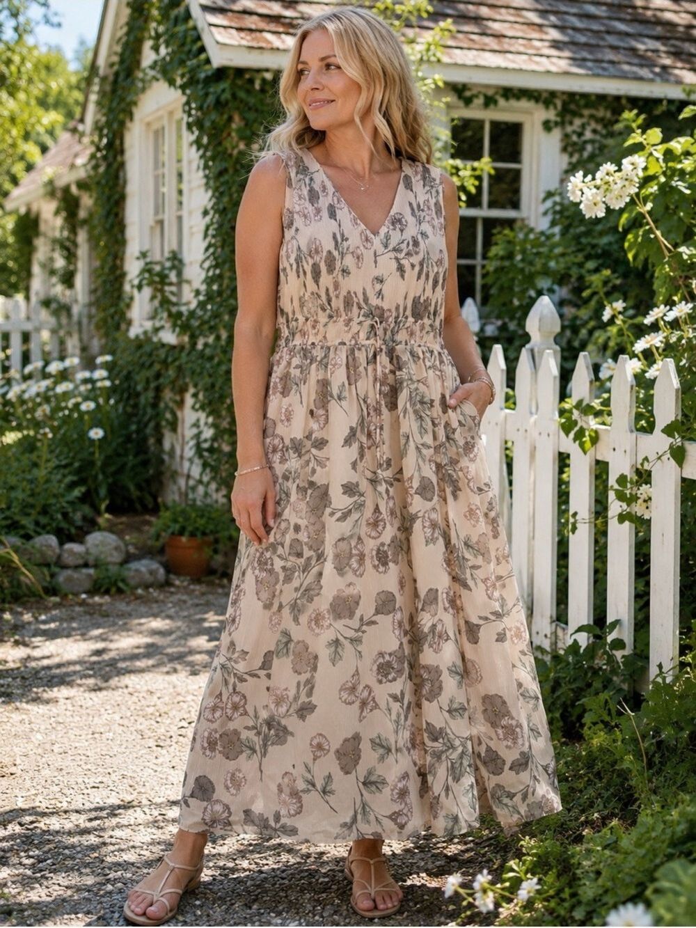 Dex Cream Floral Maxi Dress with Green and Taupe Print